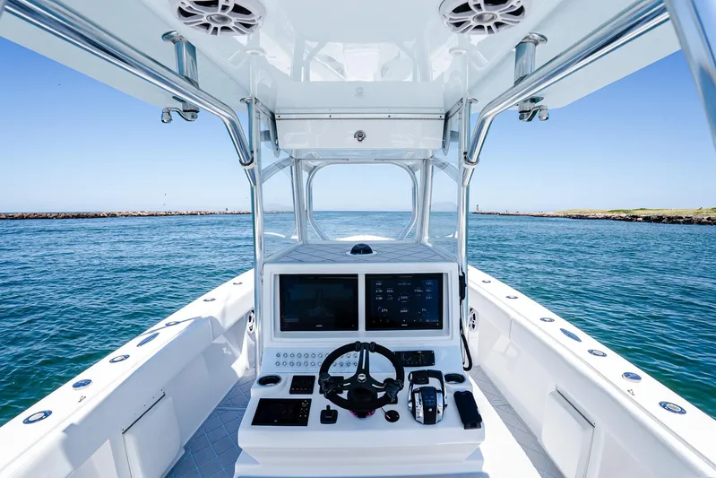 Fear N Money Yacht Photos Pics 2019 Concept 392 ProFish boat interior with advanced navigation system on open water.