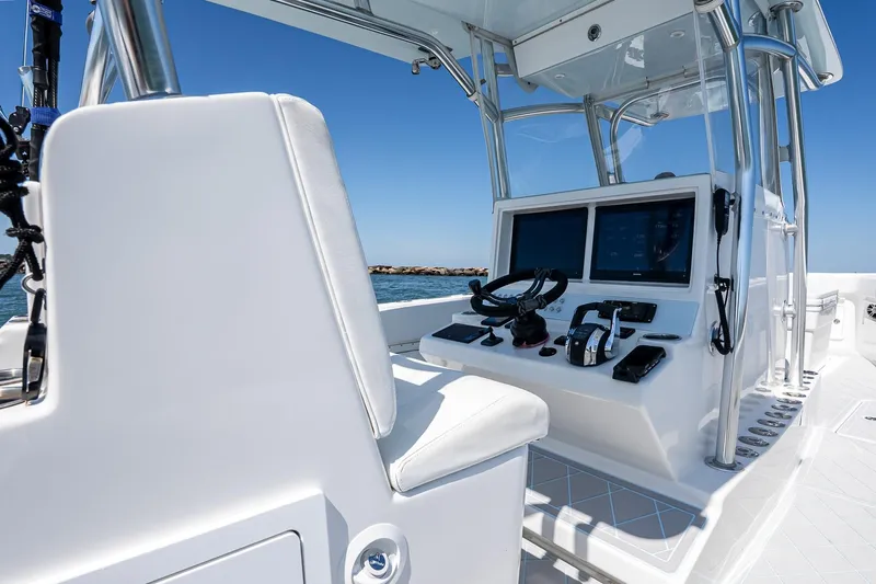 Fear N Money Yacht Photos Pics 2019 Concept 392 ProFish boat cockpit with modern controls and dual screens.