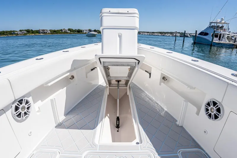 Fear N Money Yacht Photos Pics 2019 Concept 392 ProFish boat interior with open storage, speakers, and ocean view.