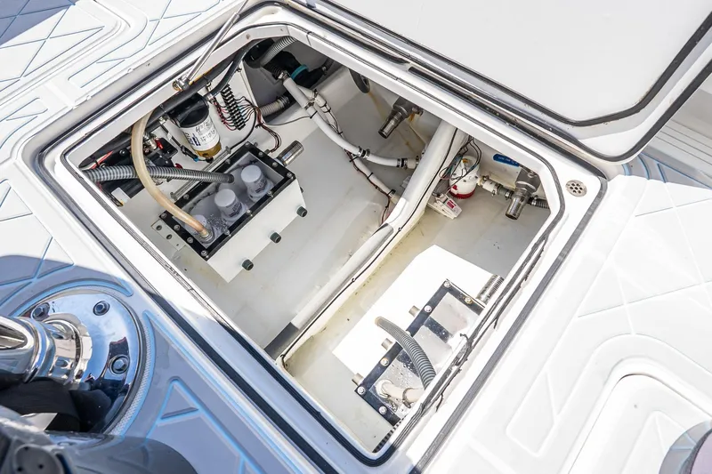 Fear N Money Yacht Photos Pics Open hatch of 2019 Concept 392 ProFish boat showing internal components and wiring.