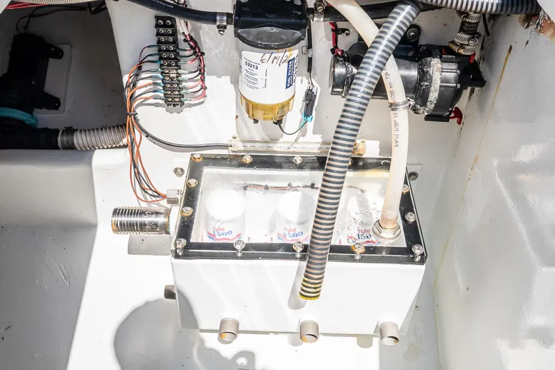 Fear N Money Yacht Photos Pics Engine compartment of 2019 Concept 392 ProFish boat with wiring and filter system.