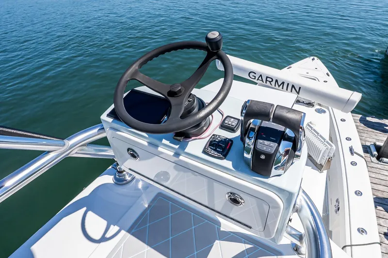 Fear N Money Yacht Photos Pics Steering console of 2019 Concept 392 ProFish boat with Garmin navigation system.