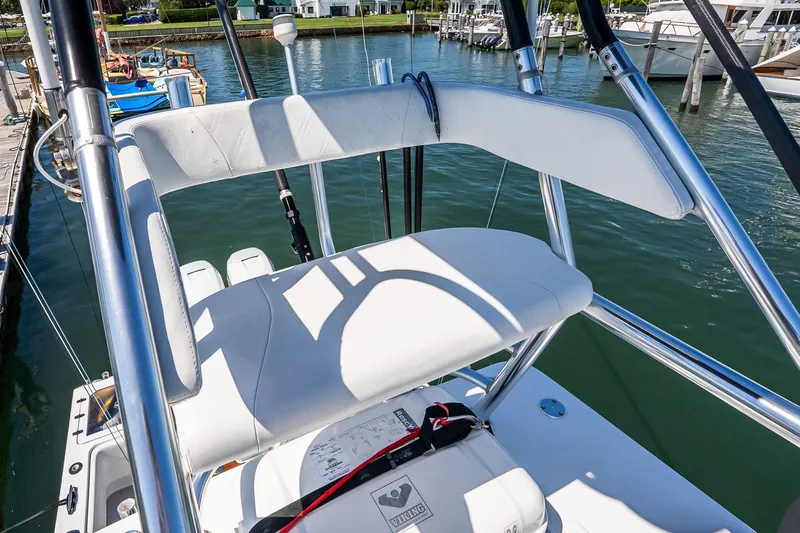 Fear N Money Yacht Photos Pics 2019 Concept 392 ProFish boat interior with white seating and stainless steel frame.