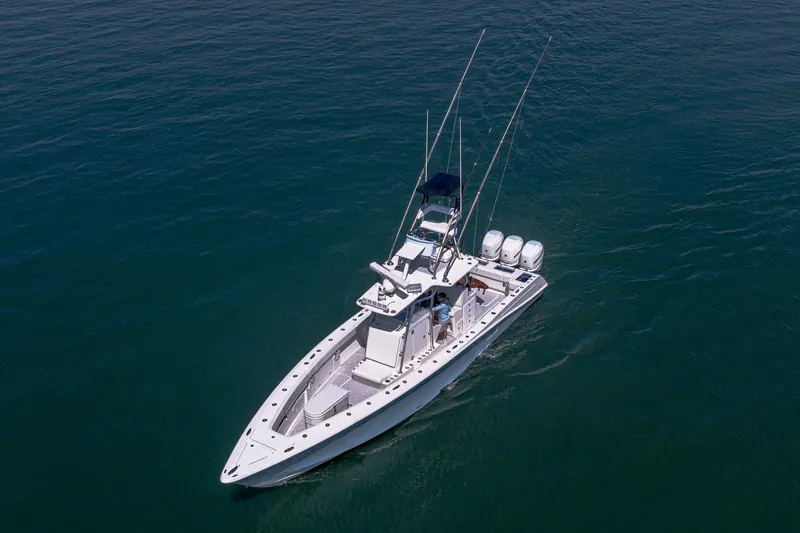 Fear N Money Yacht Photos Pics 2019 Concept 392 ProFish boat cruising on open water, aerial view.