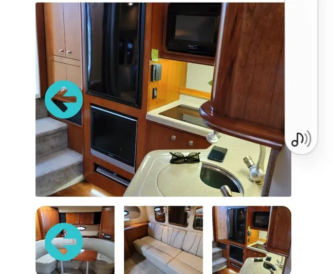  Yacht Photos Pics Interior of 2005 Cruisers Yachts 370, featuring kitchen, seating area, and modern amenities.