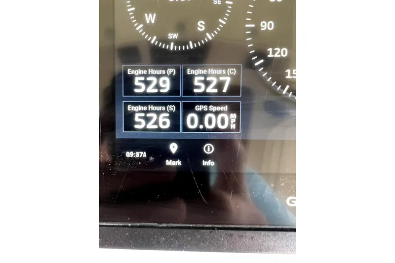 New Trade-in- All Offers & Trades Welcome Yacht Photos Pics Display panel of 2018 Scout 350 LXF showing engine hours and GPS speed.