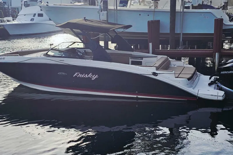 Frisky Yacht Photos Pics 2018 Sea Ray SDX 290 Outboard boat docked, featuring sleek design and comfortable seating.