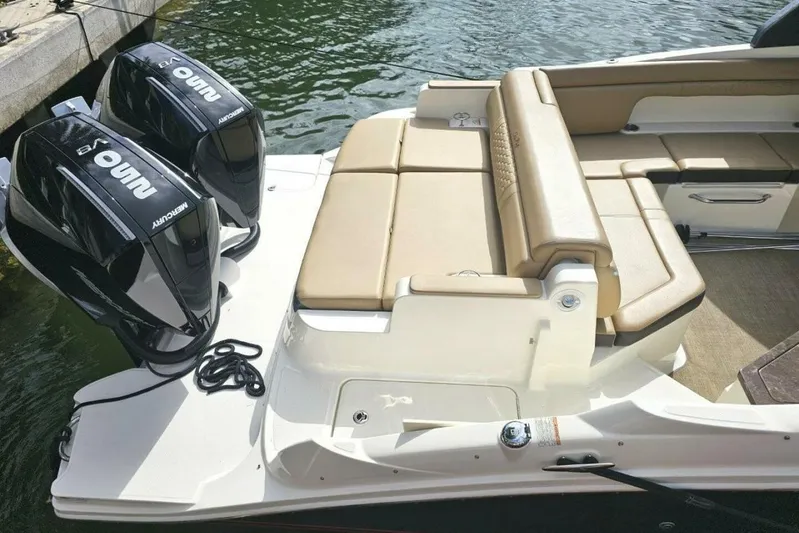 Frisky Yacht Photos Pics 2018 Sea Ray SDX 290 Outboard boat with dual Mercury engines and tan seating.