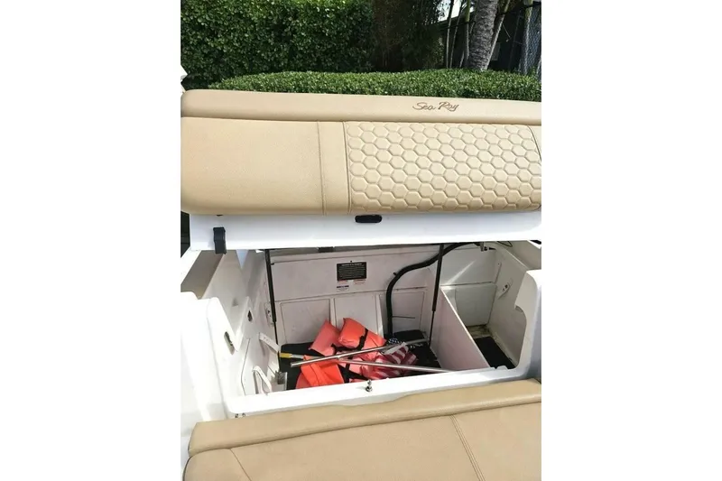 Frisky Yacht Photos Pics 2018 Sea Ray SDX 290 Outboard storage compartment with life jackets and equipment.