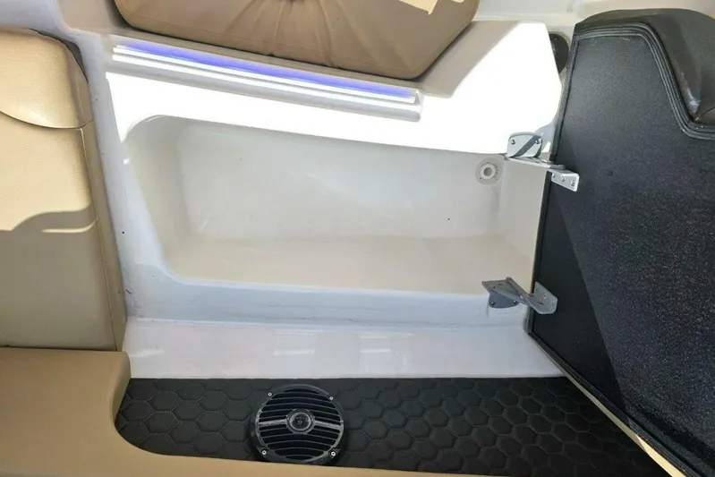Frisky Yacht Photos Pics 2018 Sea Ray SDX 290 Outboard interior storage compartment with speaker and seating.