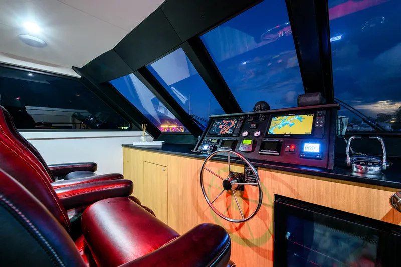 One Off Yacht Photos Pics Luxurious helm of 2019 Coral Coast 62 Power Catamaran with advanced navigation systems.