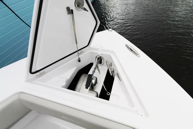  Yacht Photos Pics 2024 Jupiter 34 HFS boat anchor compartment open, showing anchor and chain storage.