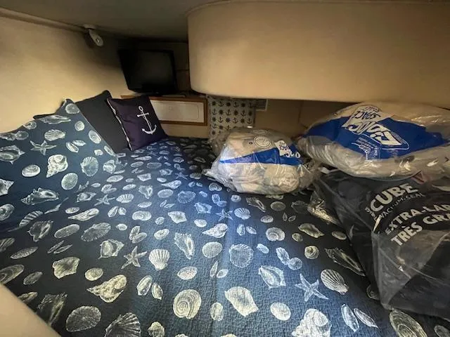 Papa's 7 II Yacht Photos Pics Cozy cabin interior of 1995 Sea Ray 440 Express Bridge with nautical-themed bedding.