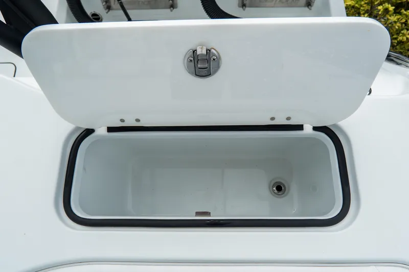  Yacht Photos Pics Open storage compartment on 2024 Freeman 38 boat, showcasing interior space.