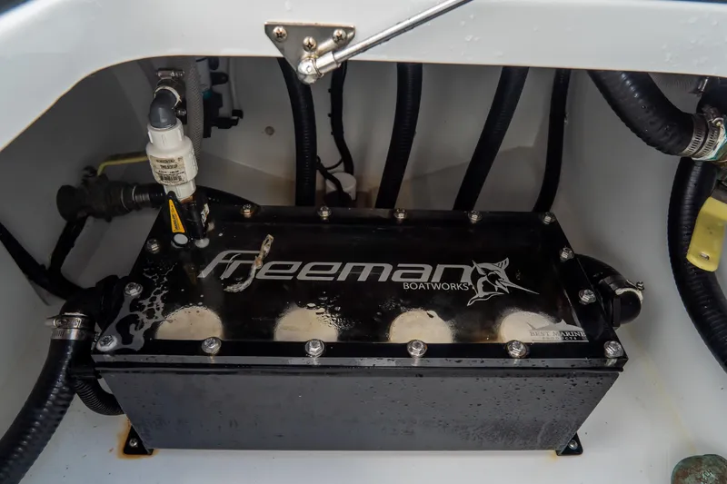  Yacht Photos Pics Freeman 38 boat engine compartment, 2024 model, featuring branded components and wiring.