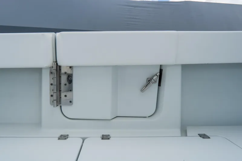  Yacht Photos Pics 2024 Freeman 38 boat compartment with stainless steel hinges and latch.