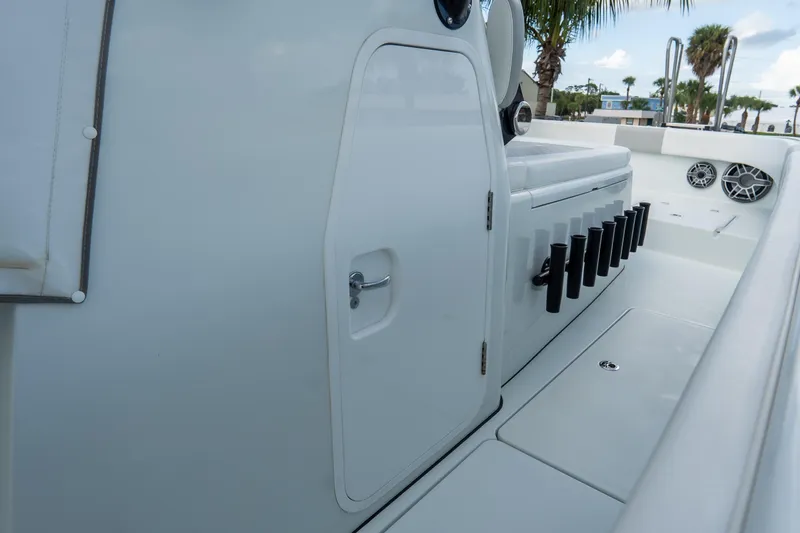  Yacht Photos Pics 2024 Freeman 38 boat interior with rod holders and storage compartment.