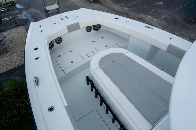  Yacht Photos Pics 2024 Freeman 38 boat interior with seating and storage compartments.