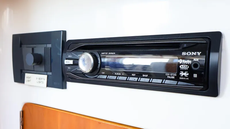  Yacht Photos Pics Sony CDX-GT340 stereo system in a 2004 True North 38 boat interior.