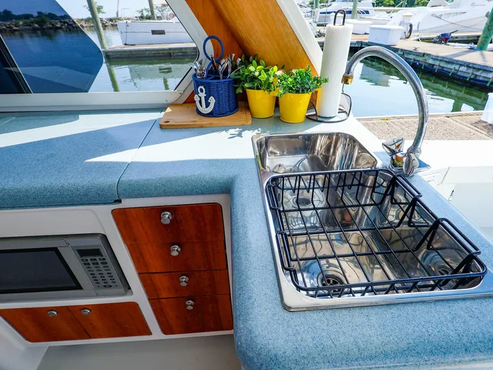  Yacht Photos Pics Modern yacht kitchen with sink, microwave, and potted plants on True North 38, 2004 model.