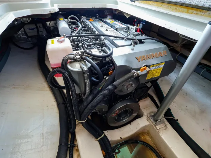  Yacht Photos Pics Engine compartment of a 2004 True North 38 boat with Yanmar engine.