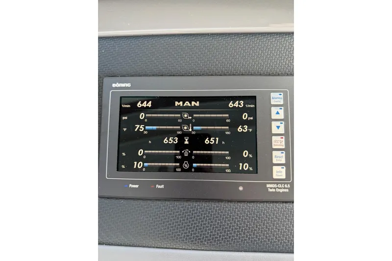  Yacht Photos Pics Engine control panel of 2021 Riviera 50 Sports Motor Yacht displaying various metrics.