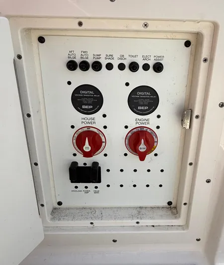  Yacht Photos Pics Control panel of 2023 Chaparral 280 OSX boat with power switches and digital displays.