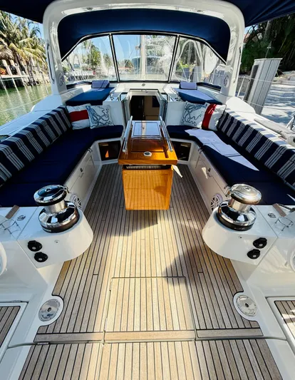 Freedom Yacht Photos Pics Spacious cockpit of 2015 Beneteau Oceanis 55 yacht with elegant seating and wooden table.