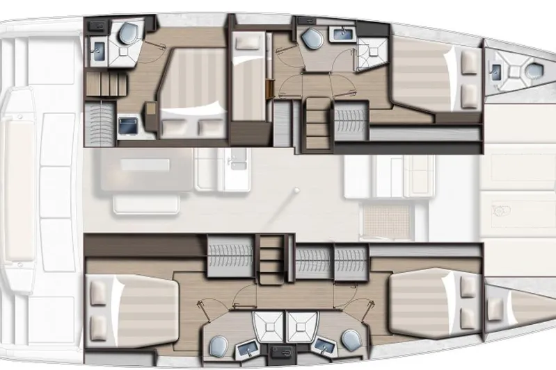 Breezin Yacht Photos Pics Floor plan of a 2022 Bali 4.6 yacht, featuring multiple cabins and bathrooms.