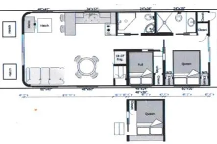 Southern Belle Yacht Photos Pics Floor plan of a 2014 Sunstar Houseboats 55 model, featuring bedrooms, kitchen, and living area.