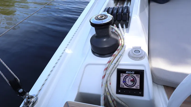 Wisp Yacht Photos Pics Hanse 388 sailboat cockpit with winch and B&G navigation display, 2020 model.