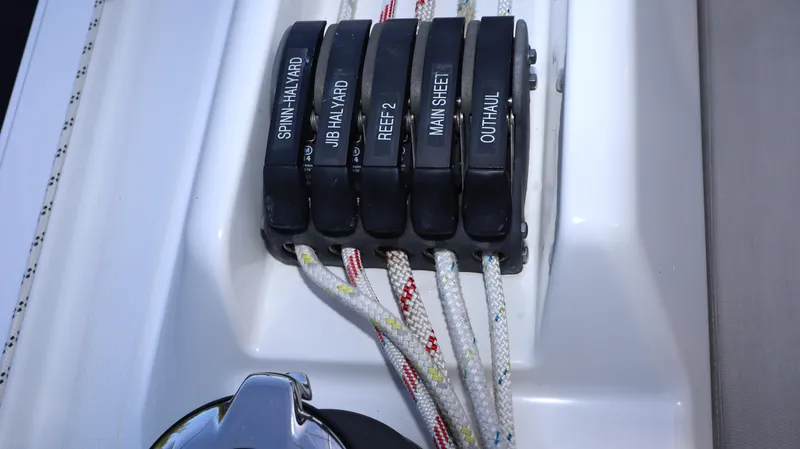 Wisp Yacht Photos Pics Control lines on a 2020 Hanse 388 sailboat, labeled for various sailing functions.