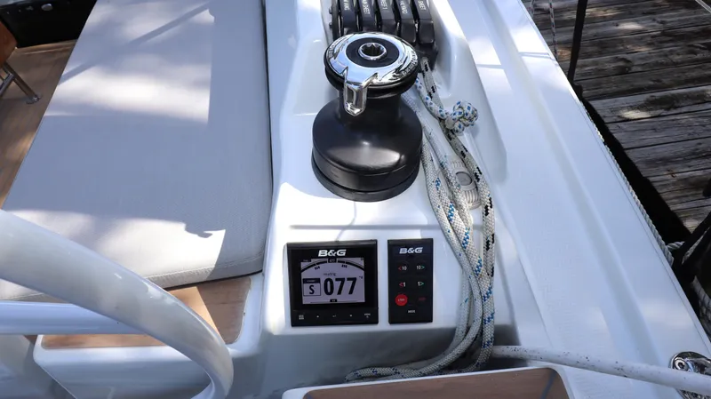 Wisp Yacht Photos Pics Cockpit of 2020 Hanse 388 sailboat with B&G navigation display and winch.