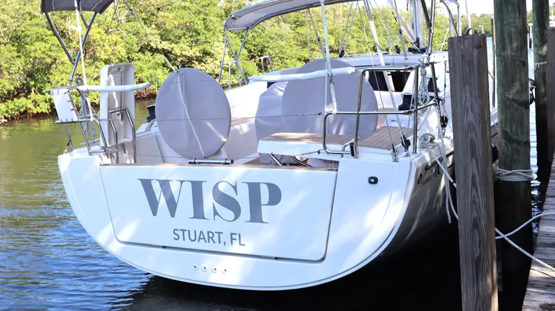 Wisp Yacht Photos Pics Hanse 388 yacht docked, rear view, named "WISP," located in Stuart, FL, 2020 model.