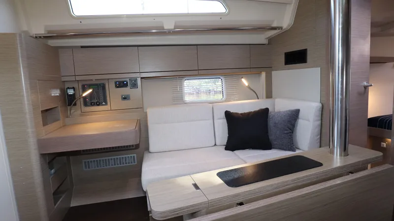 Wisp Yacht Photos Pics Interior of 2020 Hanse 388 yacht with modern seating and navigation controls.
