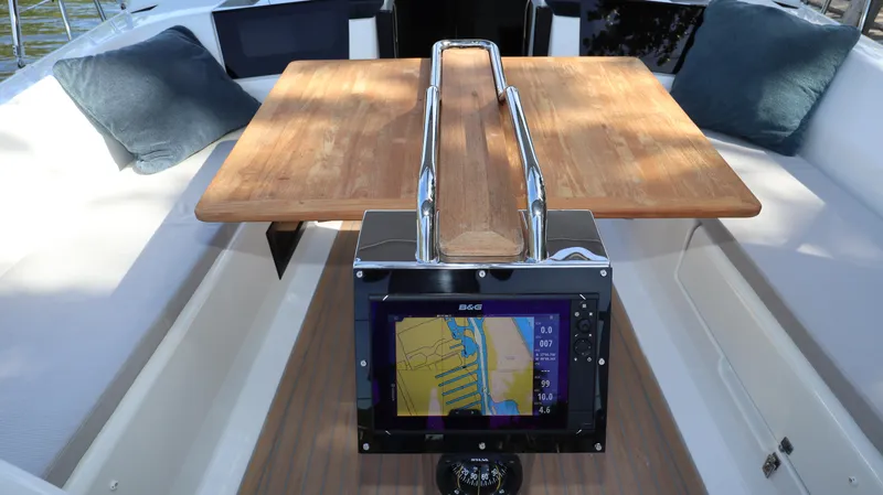 Wisp Yacht Photos Pics Hanse 388 yacht cockpit with navigation system and wooden table, 2020 model.