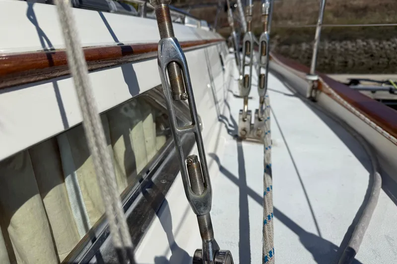 Wild Spirit Yacht Photos Pics Close-up of sailboat rigging on a 1999 Passport 456 yacht deck.