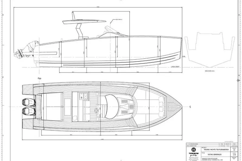  Yacht Photos Pics Blueprint of 2023 Tesoro T38 yacht, showcasing top and side views with detailed design elements.