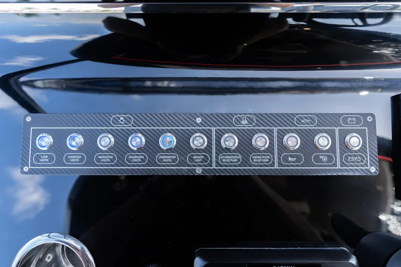  Yacht Photos Pics Control panel of 2025 Solaris Power 44 Open yacht with various labeled buttons.