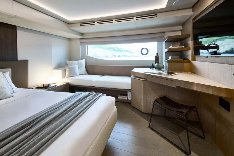  Yacht Photos Pics Manufacturer Provided Image: Luxurious interior of 2026 Prestige M7 yacht with modern furnishings and elegant design.