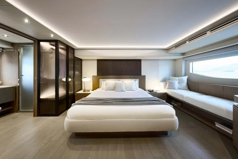  Yacht Photos Pics Manufacturer Provided Image: Luxurious bedroom interior of 2026 Prestige M7 yacht with modern design and ambient lighting.