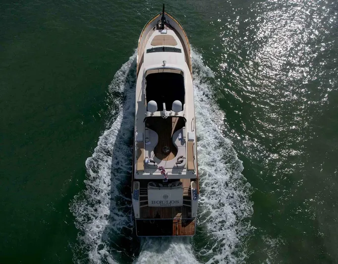 Boulos Yacht Photos Pics Aerial view of 2003 Gianetti 86 yacht cruising on water.