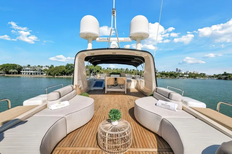 Boulos Yacht Photos Pics Luxurious 2003 Gianetti 86 yacht with elegant deck seating and scenic waterfront view.