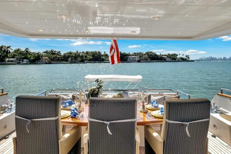 Boulos Yacht Photos Pics Luxurious dining setup on a 2003 Gianetti 86 yacht overlooking serene waters.