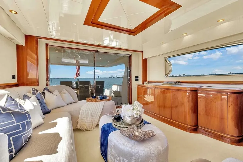 Boulos Yacht Photos Pics Luxurious interior of 2003 Gianetti 86 yacht with elegant seating and ocean view.