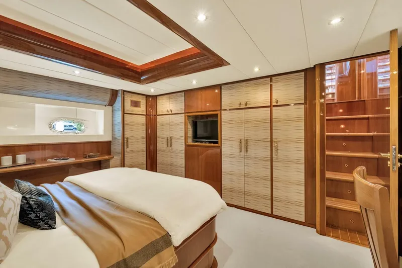Boulos Yacht Photos Pics Luxurious bedroom interior on a 2003 Gianetti 86 yacht, featuring elegant wood finishes and modern amenities.