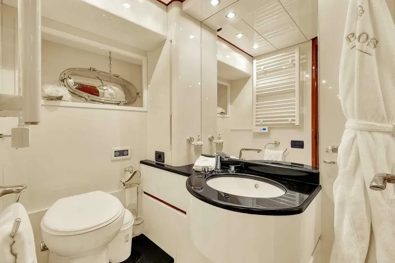 Boulos Yacht Photos Pics Luxurious bathroom in 2003 Gianetti 86 yacht with modern fixtures and elegant design.