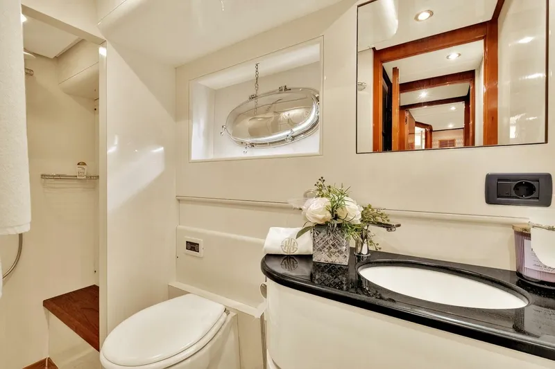 Boulos Yacht Photos Pics Luxurious bathroom in 2003 Gianetti 86 yacht with elegant decor and modern fixtures.