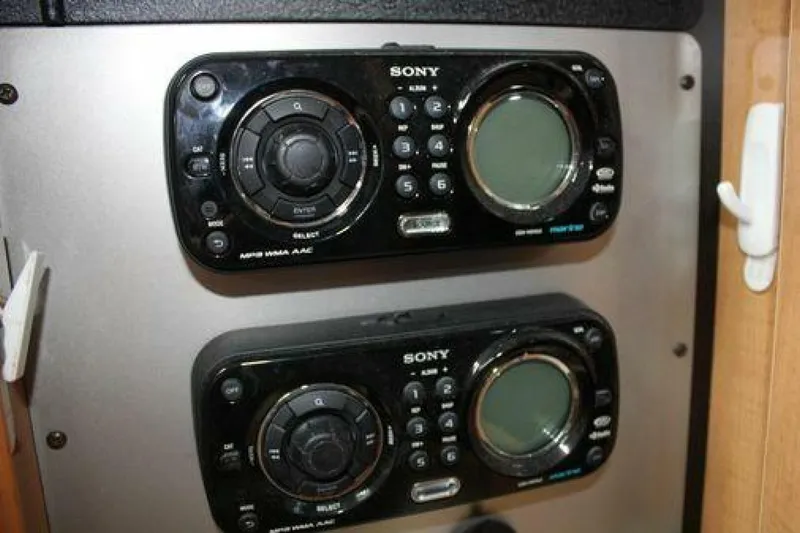  Yacht Photos Pics Sony audio system in a 2011 Four Winns V335 boat interior.