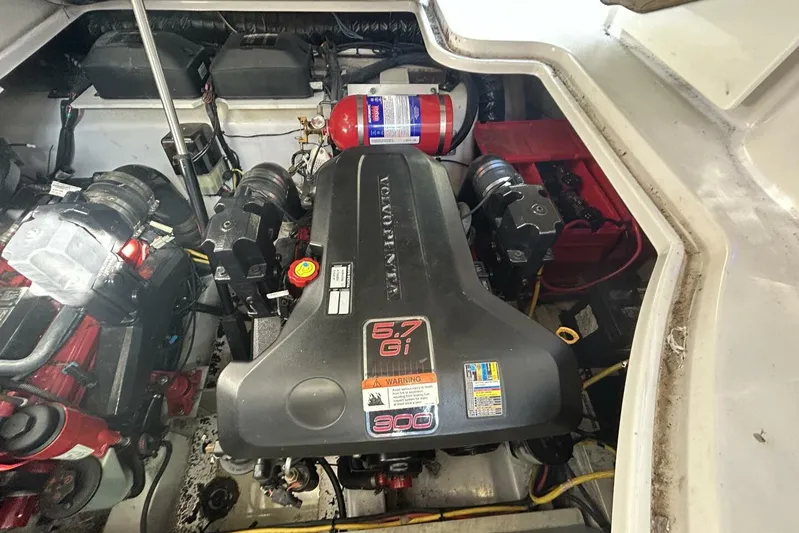  Yacht Photos Pics Engine compartment of a 2011 Four Winns V335 boat, featuring a Volvo Penta 5.7 Gi engine.